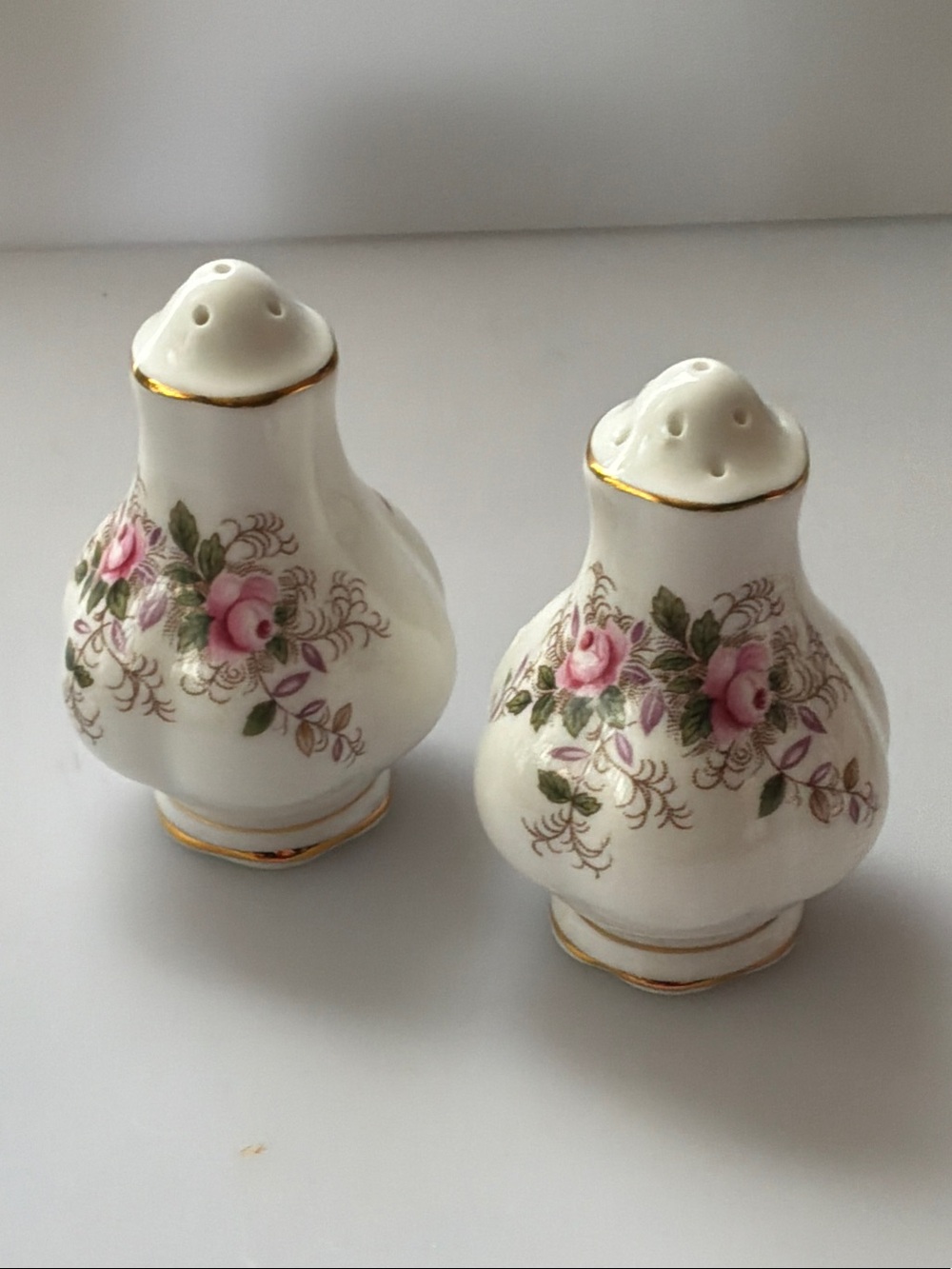 Royal Albert White, Pink and Green Rose Porcelain Salt & Pepper Shakers